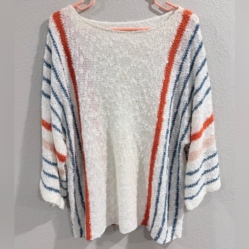 Striped Crew Neck Sweater White Blue Orange Knit Pullover